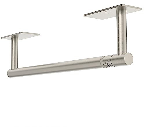 WZRUA Kitchen Roll Holder Under Cabinet, Self Adhesive or Wall Mounted Paper Towel Holder, Brushed Nickel Double Post Pivoting Stainless Steel Kitchen Paper Holder (Square Base)