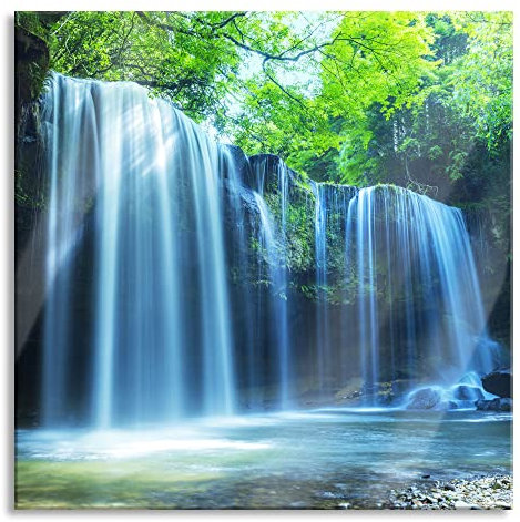 Pixxprint Glasbild, Wandbild auf Echtglas, Tropischer Wasserfall im Wald, 80x80 cm, inkl. Aufhängung und Abstandshalter