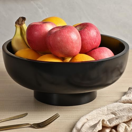 Grehge Svart fruktskål i trä för köksbänk, 30 cm diameter stor fruktskål i trä, naturligt gummi, svart dekorativ skål frukthållare