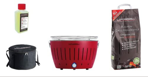 LotusGrill Classic Rosso Starter-Set, 1 griglia, 1 carbone di faggio da 2,5 kg, 1 pasta combustibile da 200 ml, 1 borsa per il trasporto (Red)