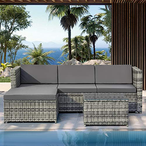 I0I&I0I Exklusive Poly Rattan Lounge-Sofagarnitur mit Sitz- und Rückenkissen, Ecksofa und Lounge-Tisch (Grau)