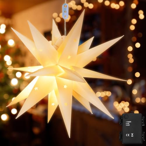 mizikuu Étoile de noël LED à suspendre, 45cm Lumineuse Etoile Sapin Noel 3D Blanc Chaud Lumières de Noël Lanterne déco à piles Étoile pour Décorer Sapin de Noël, Cour, Jardin