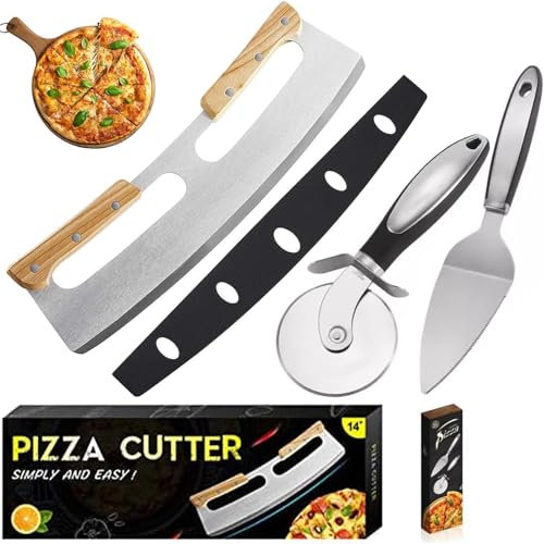 Pizza Schneider, Pizzaschneider Edelstahl Pizza Wiegemesser mit Holzgriff Pizzaroller aus Edelstahl Pizza Schneider Pizzamesser Profi Pizzamesser Geeignet für Pizza, Kuchen, Waffeln