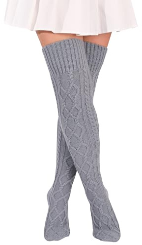 FGFD&OU Calze da Donna Sopra il Ginocchio Calze a Maglia Calzettoni Termici Lunghe Invernale Warmer Calze di Coscia Morbidi Retro per Ragazze e Donne, Calzini di Natale (Grigio chiaro)