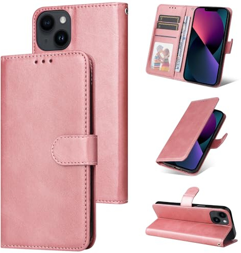 E-Lush Handyhülle für iPhone 13 Hülle Leder PU, Magnetisch Klapphülle Flip Wallet Kartenfach 360 Stoßfeste Schutzhülle für iPhone 13 Hülle mit Standfunktion, Roségold