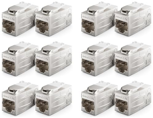 deleyCON 12 Pièces Adaptateur Cat 7 Keystone Métallique 2X Prise RJ45 Connecteur pour Câble de Raccordement RJ45 600 MHz 10 Gbps LAN DSL Ethernet et Utilisable comme Keystone - Argent