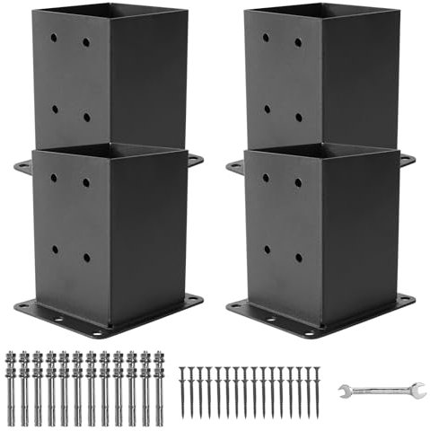 ICokin 4×4 Post Base 4 Pcs,Deck Post Brackets,Inner Size (3.6 x3.6“Heavy Duty Powder-Coated Steel Post Bracket Fit for Outdoor Pavilion, Deck Railing ,Support Deck Base Plate,Pergola