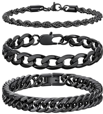 Richsteel Herren Edelstahl Armband Set, 2 Stück Herrenarmband, 3 Stück Herrenarmband, Schwarz/Stahl/Gold, 9/8/4mm Set Stapelbar, 19/21/23cm Länge, geeignet zum Verschenken