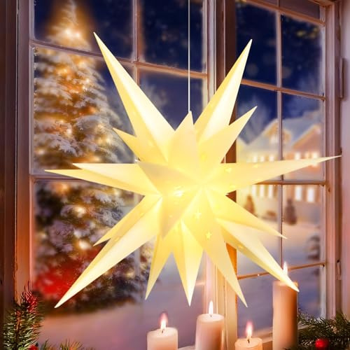 PQETBV 3D Weihnachtsstern Beleuchtet, 45cm LED Weihnachtsstern Fenster Deko, Weiß LED Adventsstern inkl, für Dekorieren von Innenhof, Balkon Und Garten