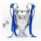 LNGODEHO Trofeo campione europeo di calcio, replica della Coppa del San Bernardo League, in resina, argento con nastri blu, per tifosi sportivi (32 cm)