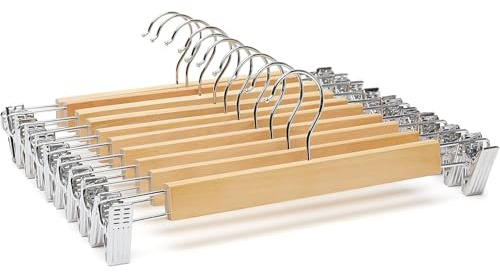 KROWN - 24 Perchas de Madera Natural con Clips Antideslizantes y Ganchos Giratorios, Robusta y Brillante, Ideal para Pantalones, Shorts, Faldas, Calcetines y Ropa Interior