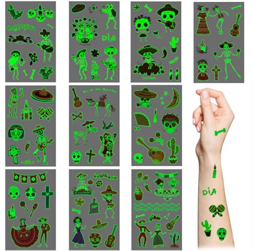 10 Bögen leuchtende mexikanische Fiesta-Tattoo-Aufkleber, im Dunkeln leuchtend, Zuckerschädel-Skelett-Kaktus-Tattoo-Set für Kinder, Mädchen, Jungen, Halloween-Partyzubehör