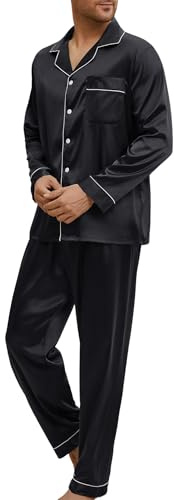 Heersan Ensembles de Pyjama Homme Hiver en Satin de Soie avec Chemise à Manches Longues et Pantalon de Pyjama Classique boutonné, Confortable Doux Deux Pièces Vêtements de Nuit