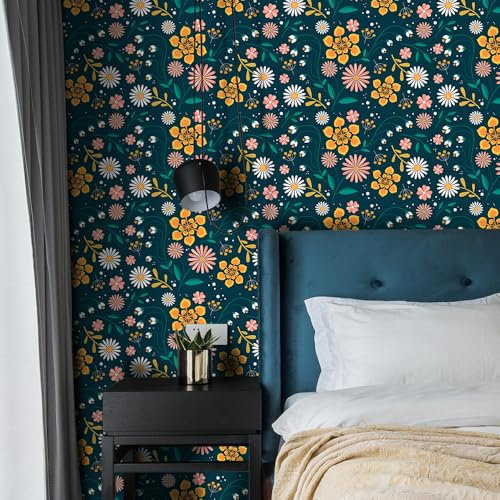 Wandschutzfolie Orange Blume Rosa Klebefolie Wandtattoo Leicht zu Entfernen Möbelfolie Selbstklebende Tapete Wandtattoo Schlafzimmer Tapete Selbstklebend Wallpaper for Living Room 45x300cm/2 roll