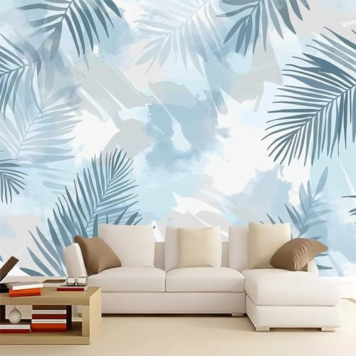 Papier peint intissé Plantes Feuilles De Palmier Peinture Papier peint panoramique moderne 400 x 280 cm décoration pour Salon Chambre Bureau Couloir Bleu Gris Géant Poster Papier peints