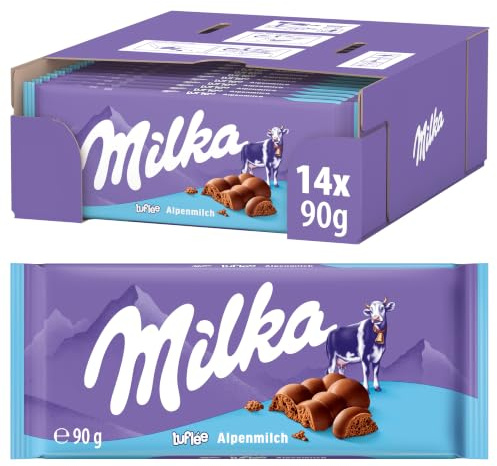 Milka Luflee Alpenmilch Tafelschokolade, 90 g (14er-Pack) | Luftige Tafelschokolade mit feinen Luftblasen aus zarter Alpenmilch