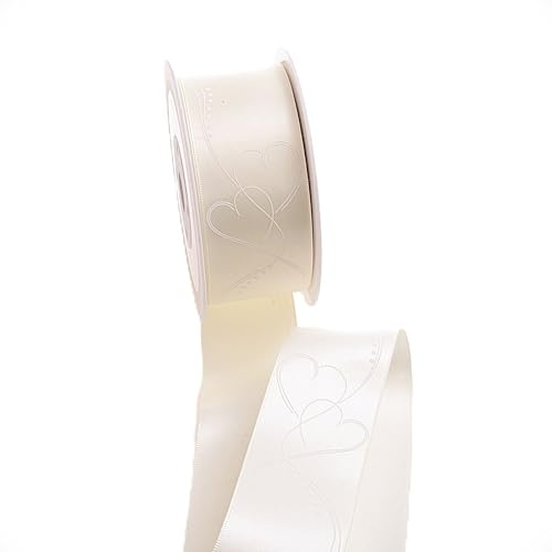 Satinband Herzband Hochzeitsband creme 02 mit weißem Herzdruck Dekoband 14701 (Creme/Herzen weiß, 40mm breit, 25m lang)
