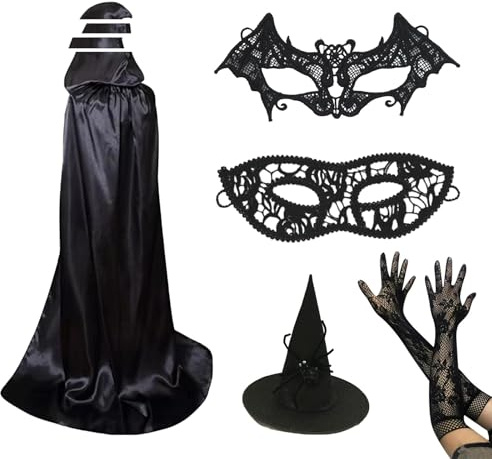 Tbczvx 5 Pcs Witch Costume Set, witch costumes for women, Include Black Velour Cape, Pointed Witch Hat and Lace Gloves and Eye Masks Dress Up for Halloween Cosplay Movie Party