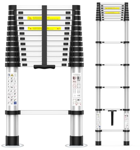 12.5FT Heavy-Duty Telescoping Ladder, 330lb Capacity Aluminum Extension Ladder with Anti-Slip Steps for Secure Attic Access, Roof, and Home Renovation Projects