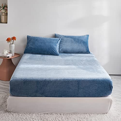 YASMENG Sábana bajera ajustable de felpa de invierno de 140 x 200 cm, color azul, cálida, de forro polar, 140 x 200 cm, para invierno, muy suave, de terciopelo lechoso, adecuada para colchón de 30 cm