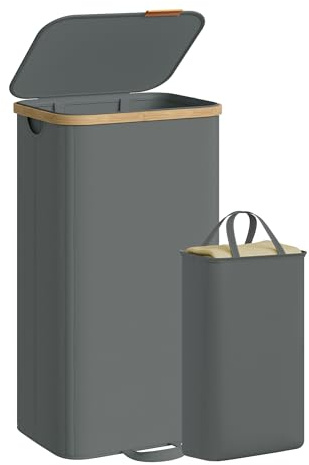 SONGMICS tvättkorg med lock, tvättsorterare, tvättlåda, tvättunna, avtagbar tvättpåse, bamburam, för tvättstuga, sovrum, 100 liter, skiffergrå LCB531GN01