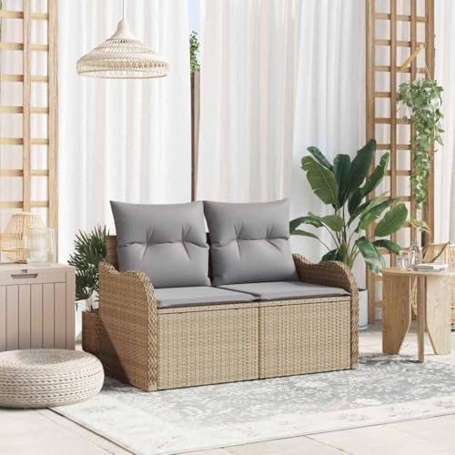 QJBSAVVA Gartensofa 2-Sitzer Beige 121x62x69 cm Poly-Rattan Outdoor Sofa mit Modernem Design, Stahlrahmen & UV-beständigem Gewebe für Balkon, Terrasse und Gartenlounge