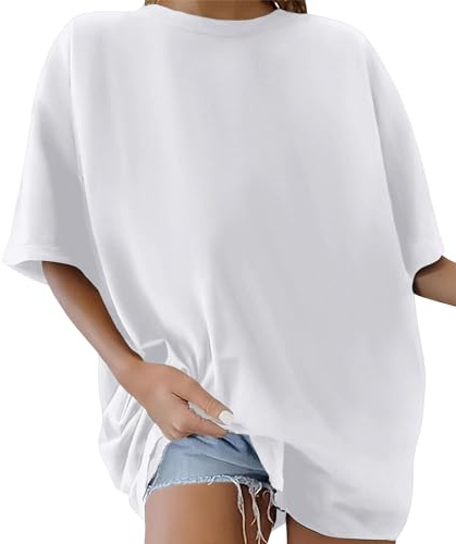 PASUDA T-Shirt Femme à Manches Courtes Oversize Tee Shirt Coton Vintage Col Rond Grande Taille Haut Été de Sport Casual Tops Tunique Chic Coupe Ample Solid Color (Blanc, M)