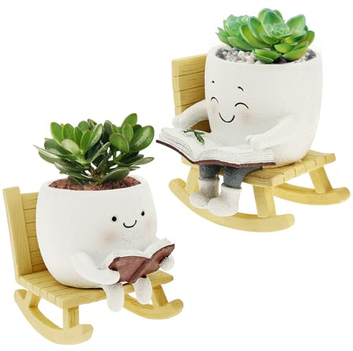 Maceta con cara sonriente, cálida, curativa, mini con mecedora o cesta colgante, maceta de plantas sonrientes, linda exquisita para suculentas cactus pequeños, menta, aloe vera (mecedora)