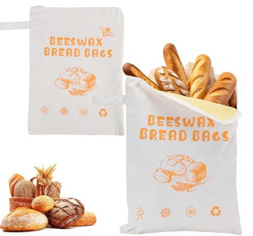 2PCS Beeswax Bread Bags, Reusable Bread Bags for Homemade Bread, Extra Large Cotton Linen Bread Storage Bag with Natural Beeswax Lining for Sourdough & Artisan Loaves, Bakery Essentials (A)