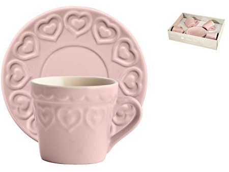 H&H Fairylove Confezione 4 Tazze caffè con Piattino, Stoneware, Rosa, 4 unità