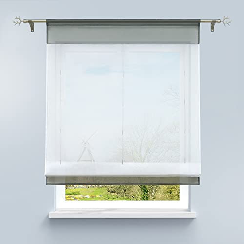 HongYa Bändchenrollo Tunnelzug Raffrollo transparenter Voile Raffgardine Vorhang H/B 120/80 cm Grau