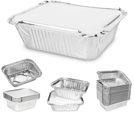 MARENT Brand 50 x Silver Foil Food Trays Containers & Lids 120 x 145 x 49mm (No.2) MADE IN UK