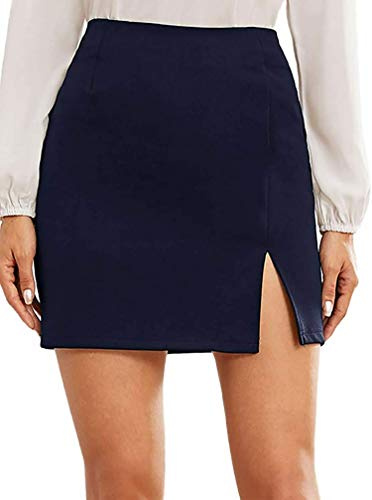 Courte Jupe Crayon Femme Mini Jupe Moulante Ourlet Fendu sur Le côté (Bleu Marine, M)