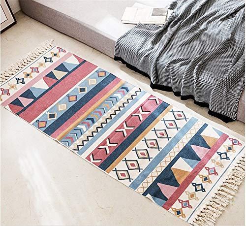 Nicole Knupfer Retro Baumwolle Teppiche mit Quasten, rutschfest Abwaschbar Handwebteppich Flickenteppich Teppich Läufer für Schlafzimmer Wohnzimmer (Stil E,60 x 150 cm)
