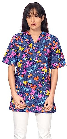 DINOZAVR Bruna Blouse Medicale Femme - Tenue Infirmiere Professionnelle avec Imprimé Coloré, Manches Courtes, Col en V, 3 Poches - Blouse Estheticienne Professionnelle - Bleu/Papillons 2XL
