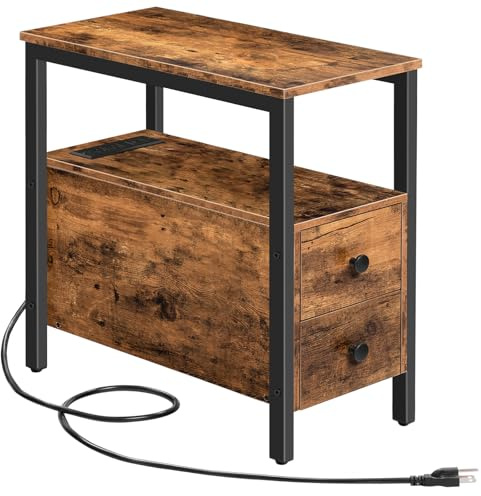 HOOBRO End Table with Charging Station, Narrow Side Table with 2 Drawer & USB Ports & Power Outlets, Nightstand for Small Spaces, for Living Room, Bedroom, Rustic Brown and Black BF541BZ01
