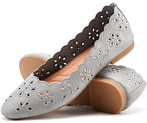 FRACORA Women's Ballet Flats Black PU Leather Dress Shoes Comfortable Round Toe Slip on Flats with Breathable Eyelets(Gray.US9.5)