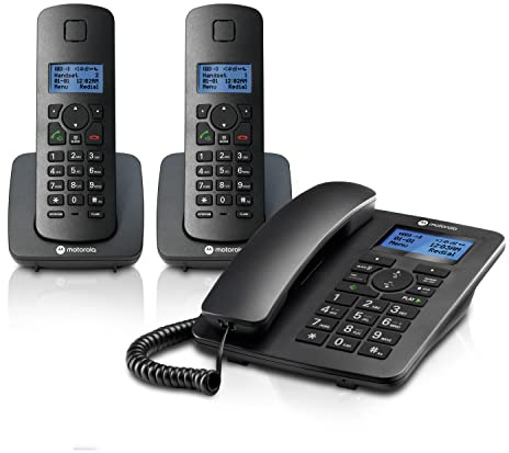 Motorola Voice C42 Corded Phone System + 2 Digital Cordless Handsets w/Answering Machine, Call Block - Black (C4202)