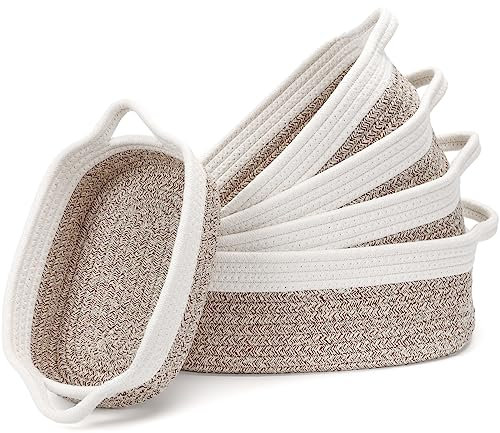 Cinnani Panier Rangement, Lot de 5 Panier Tissé Corde de Coton, Panier Rangement pour Salle de Bain, Cuisine, Organisateur Table a Langer Bebe, Panier de Rangement Empilable Polyvalent (Blanc/Désert)