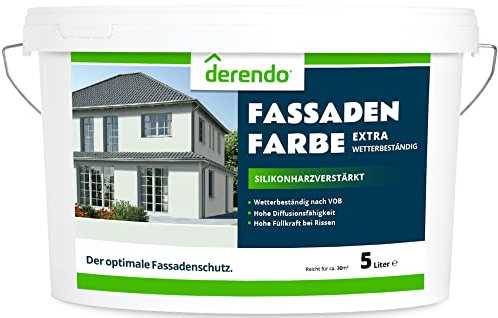 derendo Fassadenfarbe grün 5l mit EXTRA hohem Wetterschutz, matte silikonharzverstärkte Fassaden Farbe, hohe Deckkraft und gute Füllkraft bei kleinen Rissen (Weissgrün)