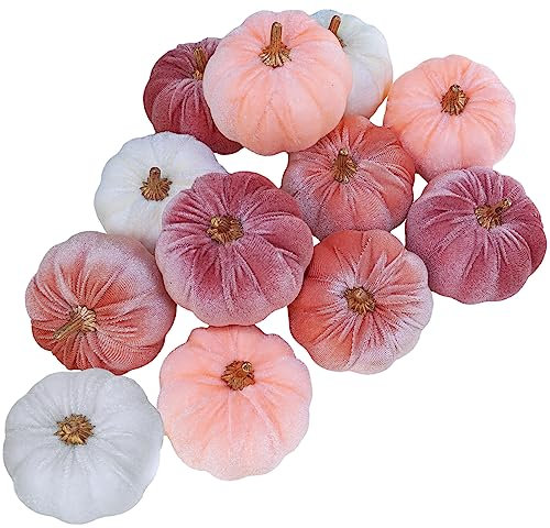 Winlyn 12 Stück kleine, rustikale Kürbisse aus Kunstsamt, dekorativ, Rouge, Koralle, Pfirsich, Elfenbein, Stoff, Kürbisse, 7.6 cm, für Herbst, Hochzeit, Bay, Dusche, Halloween, Tischdekoration