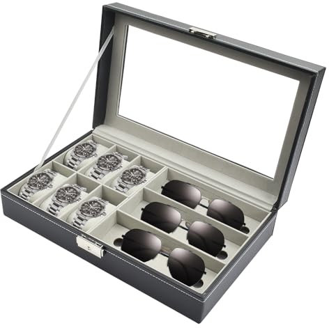 ADERTOS Uhrenbox für 6 Uhren PU Uhrenkasten Uhrenkoffer mit Glasdeckel Schwarz Uhrenschatulle Herren Uhrenschachtel mit Herausnehmbaren Samt Uhrenkissen mit 3 Brillenhalter Brillenhalterung