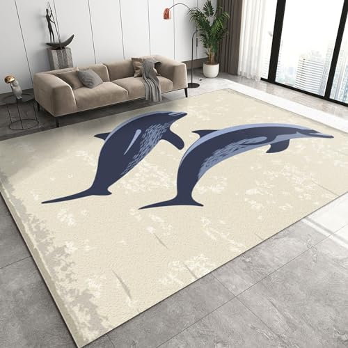 Niedlicher Blauer Delphin-Teppich, Einfacher Maschinenwaschbarer Teppich, Rutschfest Und Geräuschreduzierend Für Kinderzimmer, Babyzimmer, Wohnzimmer, Schlafzimmer, Spielzimmer, Eingang-60 x 100 cm