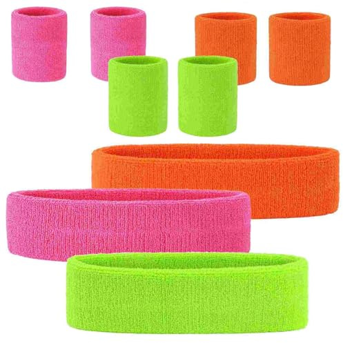 Eniyou 3 Set Bandeau Fluo Bracelets Fluo Sport Orange Années 80 Guetres Femme (Rose+Fruit Vert+Orange), CZNCX21
