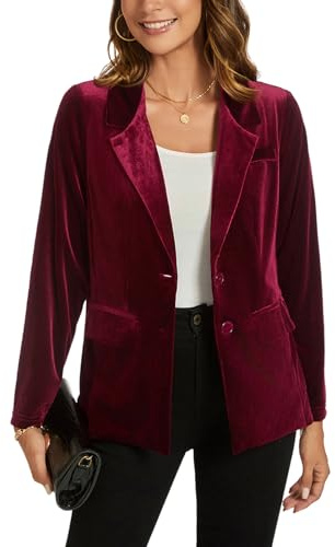 MINTLIMIT Women's Velvet Blazer Jackets Casual Work Office Long Sleeve Lapel Collar Button Blazer Jacket with Pockets Outerwear, Wine Red
