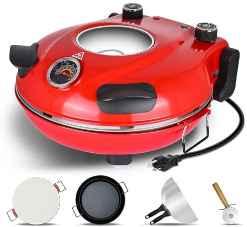 Piano di lavoro per forno elettrico per pizza, forno per pizza da interno da 12 riscalda fino a 420 ℃, fornello per pizza portatile con pietra per pizza e griglia, termometri integrati, timer red