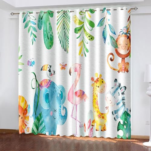 Gardinen Vorhänge mit Ösen, AFFE Vorhänge Wohnzimmer Modern 2er Set, Vorhang Schlafzimmer Transparent mit Tier Elefant Zebra, Vorhang Kinderzimmer Küchengardinen 132 x 160 cm (B x H)