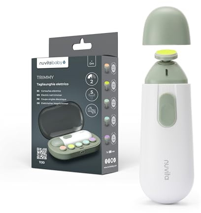 Nuvita 1130 Trimmy elektrisk nageltrimmer för spädbarn och barn – säker, mjuk, lätt att använda med två hastigheter, innehåller 5 filhuvuden och resväska