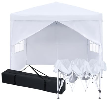 Pavillon 2.5 x 2.5 M，Faltpavillon，Winterfest Wasserdicht Gartenpavillon mit 4 Seitenteilen、Tragtasche，Höhenverstellbar,UV Schutz 50+,Stabil,Metallrahmen,Partyzelt,Gartenzelt für Festival Camping,Weiß