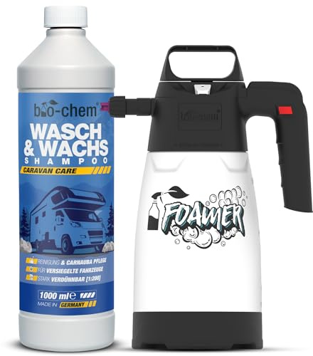 bio-chem Caravan Wasch & Wachs Shampoo 1L mit Foamer | Konzentrat mit Carnaubawachs für versiegelte Oberflächen an Wohnwagen & Caravan